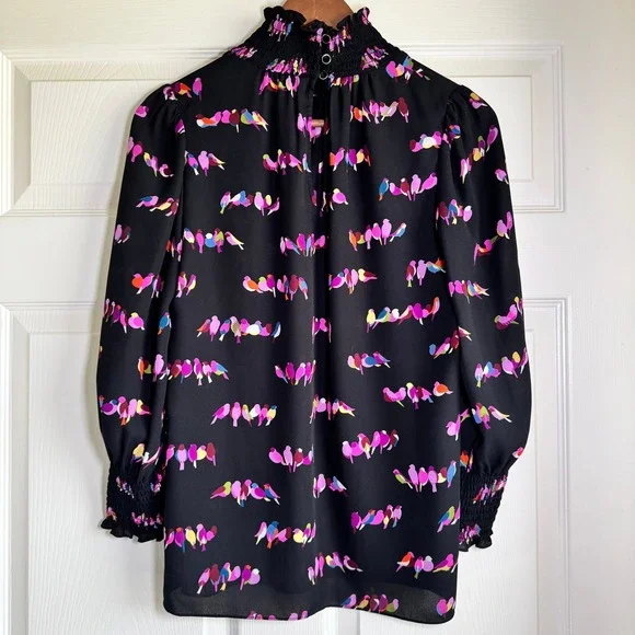 Kate Spade New York Womens Size S Bird Print Smocked High Neck Blouse Black - Picture 14 of 14